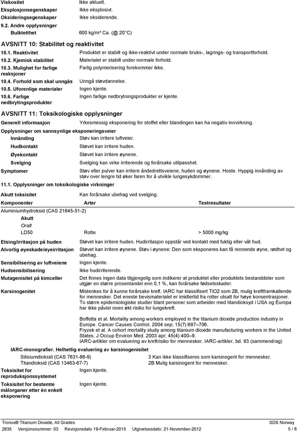 Kjemisk stabilitet Materialet er stabilt under normale forhold. 10.3. Mulighet for farlige Farlig polymerisering forekommer ikke. reaksjoner 10.4. Forhold som skal unngås Unngå støvdannelse. 10.5.