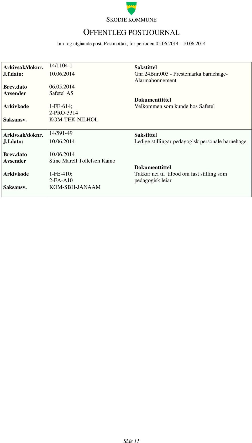 2014 Avsender Safetel AS 1-FE-614; Velkommen som kunde hos Safetel 2-PRO-3314 KOM-TEK-NILHOL Arkivsak/doknr.