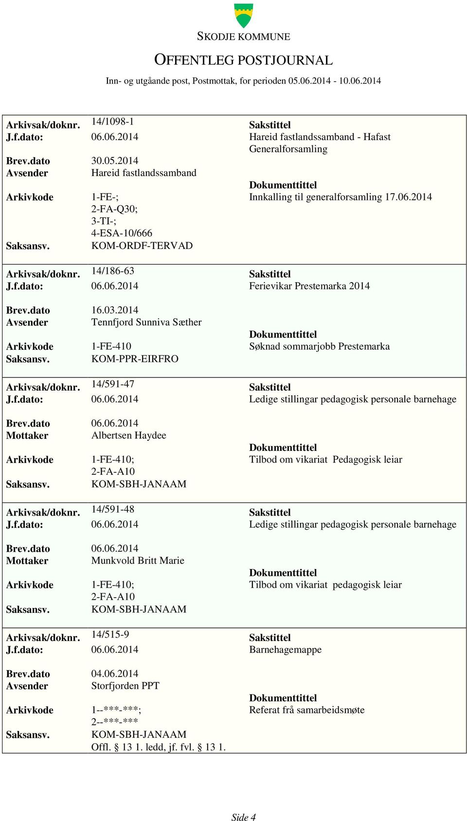 dato 16.03.2014 Avsender Tennfjord Sunniva Sæther 1-FE-410 Søknad sommarjobb Prestemarka KOM-PPR-EIRFRO Arkivsak/doknr. 14/591-47 Sakstittel J.f.dato: 06.