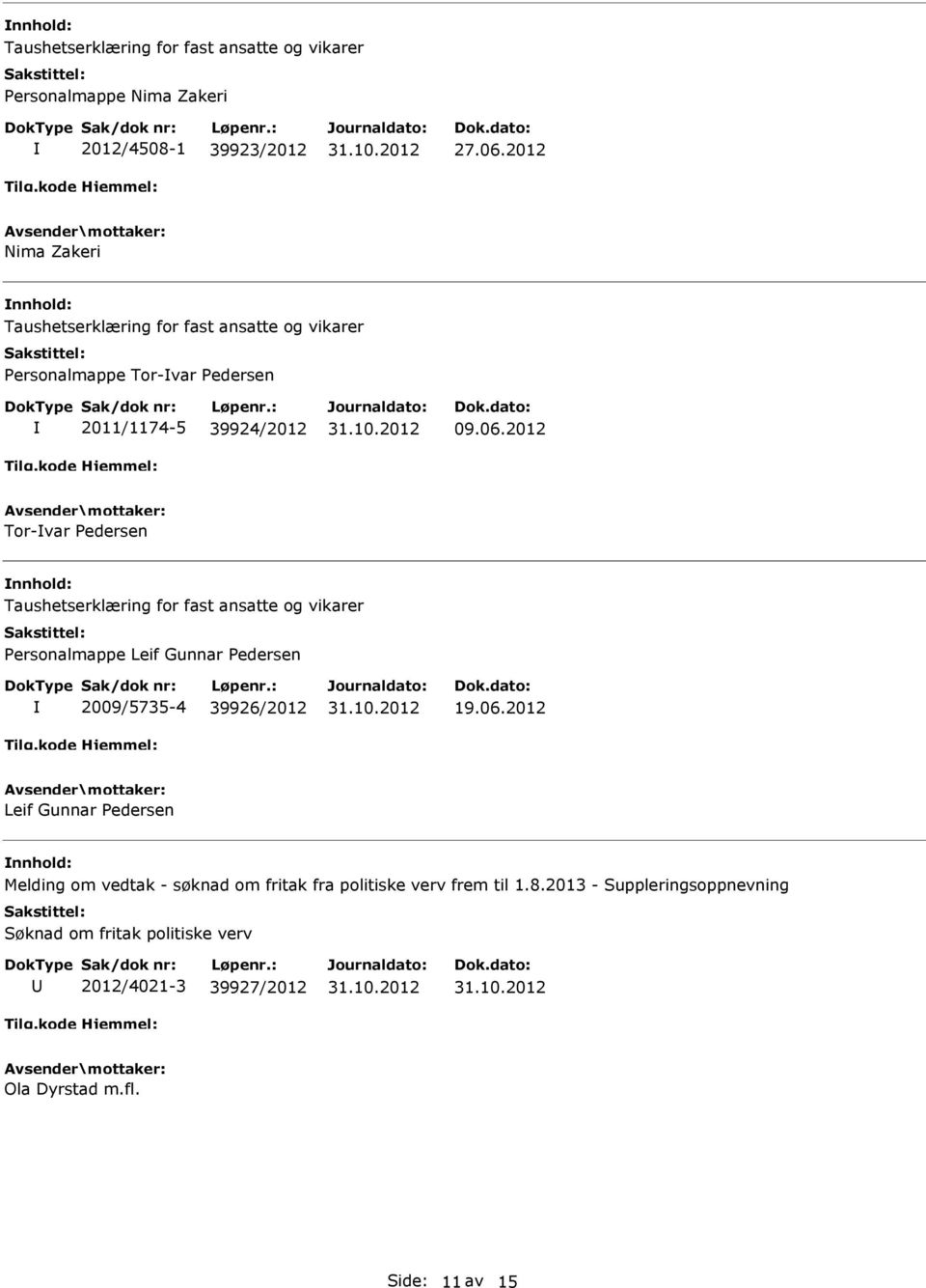 2012 Tor-var Pedersen Personalmappe Leif Gunnar Pedersen 2009/5735-4 39926/2012 19.06.