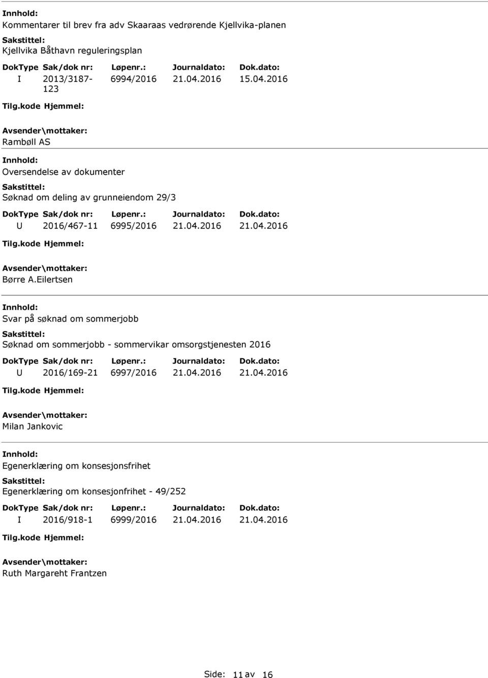 Eilertsen Svar på søknad om sommerjobb Søknad om sommerjobb - sommervikar omsorgstjenesten 2016 2016/169-21 6997/2016 Milan