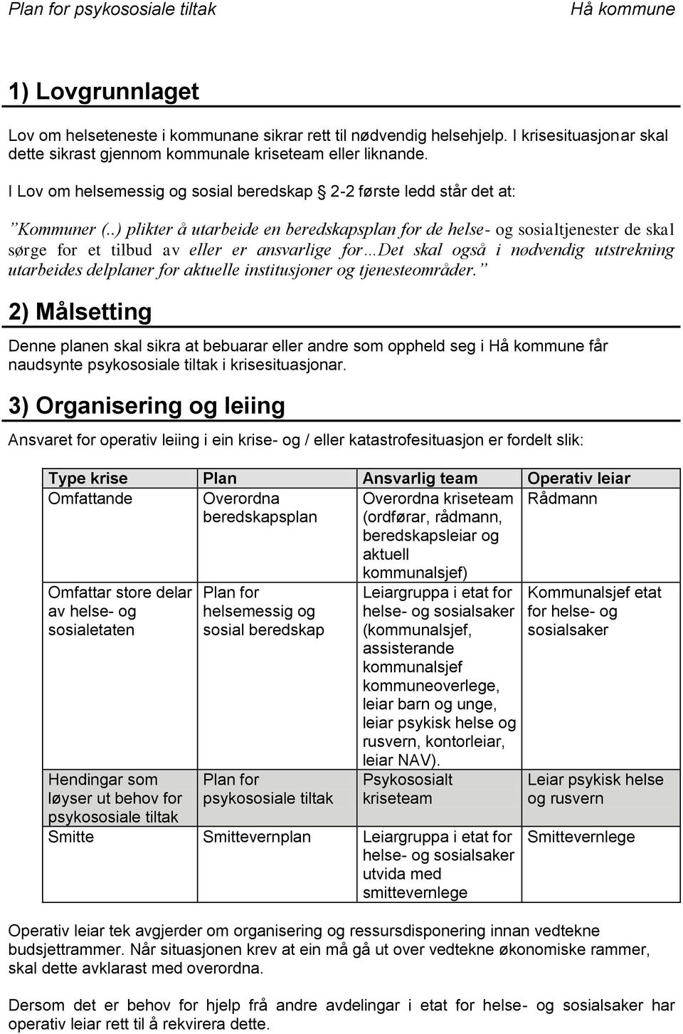 .) plikter å utarbeide en beredskapsplan for de helse- og sosialtjenester de skal sørge for et tilbud av eller er ansvarlige for Det skal også i nødvendig utstrekning utarbeides delplaner for