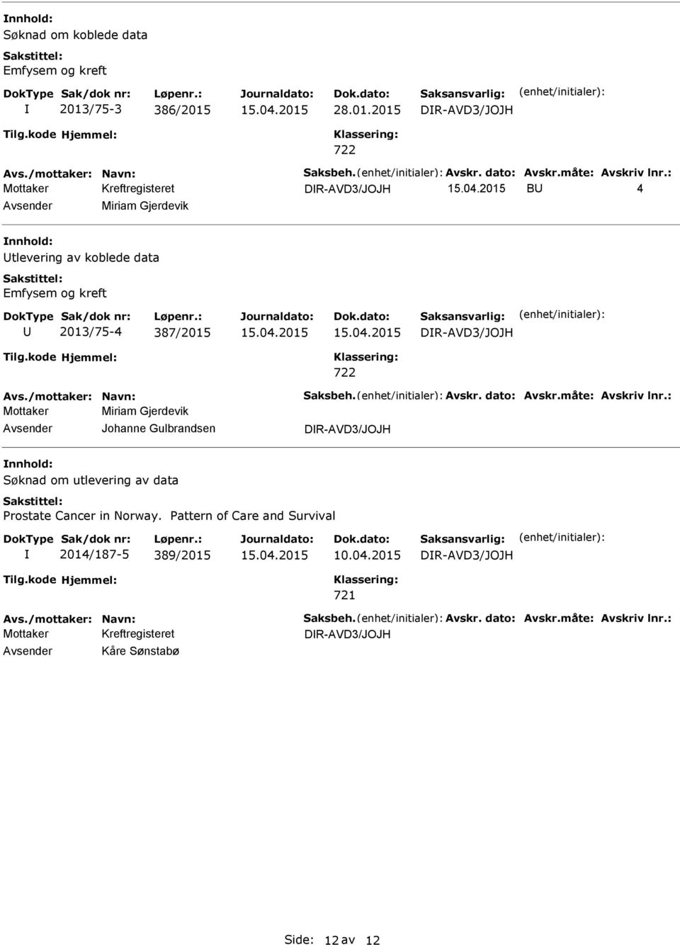 dato: Avskr.måte: Avskriv lnr.: Mottaker Miriam Gjerdevik Johanne Gulbrandsen DR-AVD3/JOJH Søknad om utlevering av data Prostate Cancer in Norway.