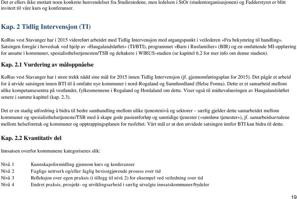 Satsingen foregår i hovedsak ved hjelp av «Haugalandsløftet» (TI/BTI), programmet «Barn i Rusfamilier» (BIR) og en omfattende MI-opplæring for ansatte i kommuner, spesialisthelsetjenesten/tsb og