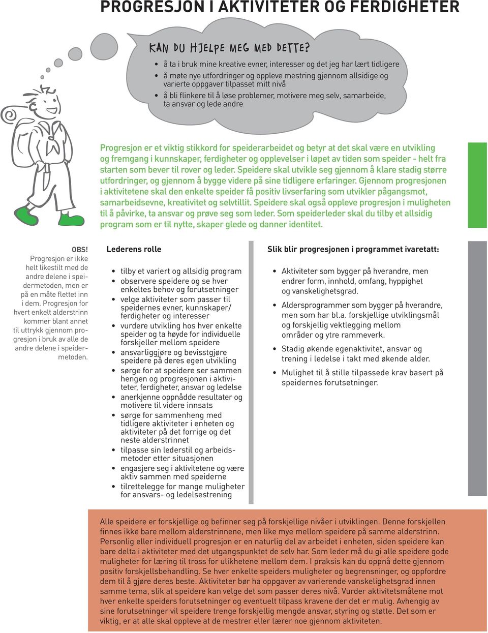 løse problemer, motivere meg selv, samarbeide, ta ansvar og lede andre Progresjon er et viktig stikkord for speiderarbeidet og betyr at det skal være en utvikling og fremgang i kunnskaper,