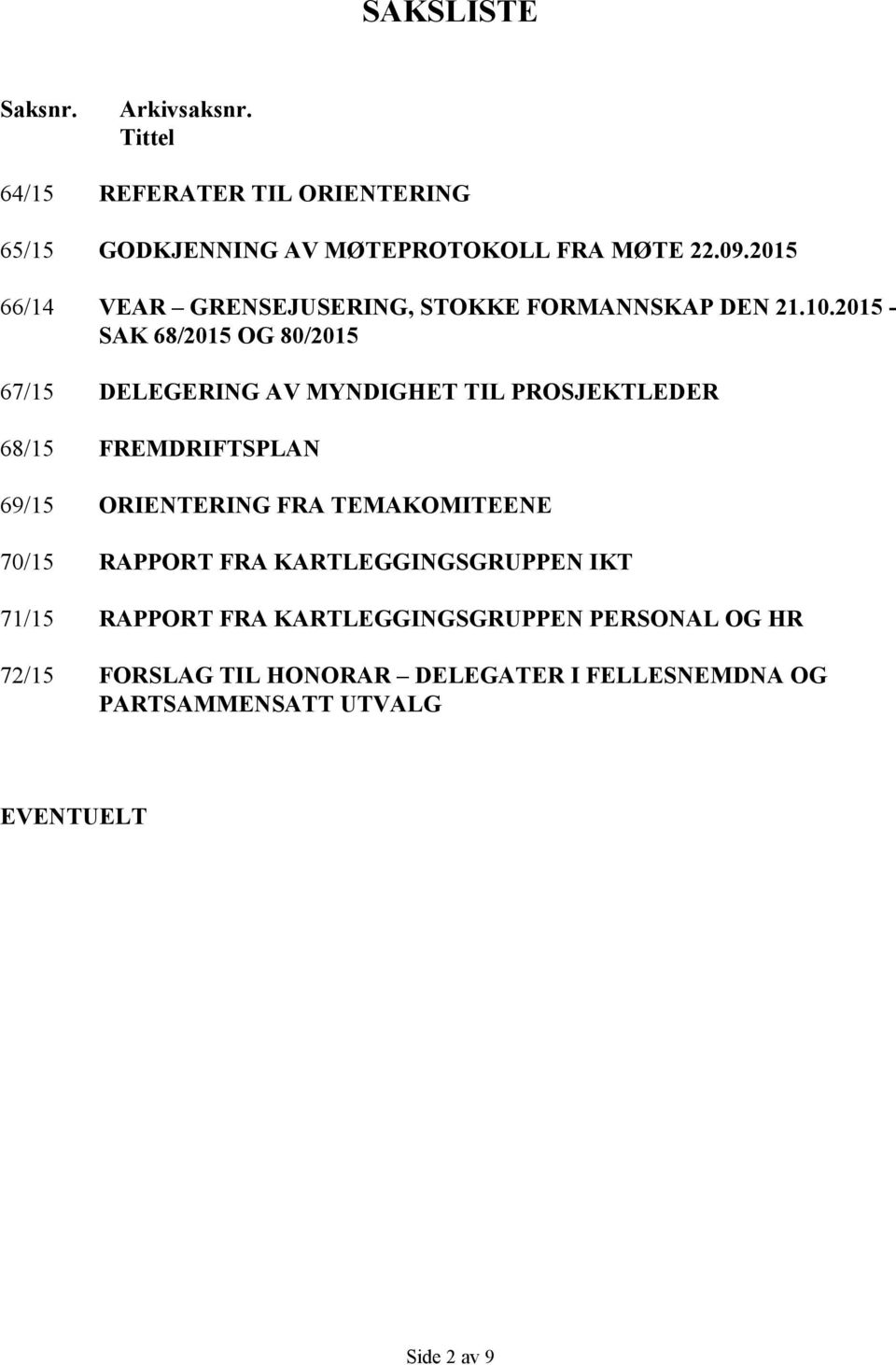 2015 - SAK 68/2015 OG 80/2015 67/15 DELEGERING AV MYNDIGHET TIL PROSJEKTLEDER 68/15 FREMDRIFTSPLAN 69/15 ORIENTERING FRA