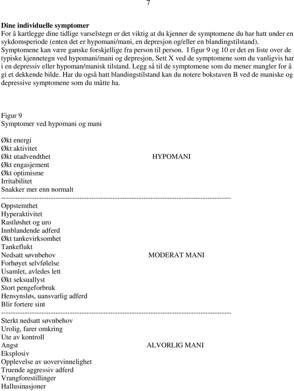 I figur 9 og 10 er det en liste over de typiske kjennetegn ved hypomani/mani og depresjon, Sett X ved de symptomene som du vanligvis har i en depressiv eller hypoman/manisk tilstand.