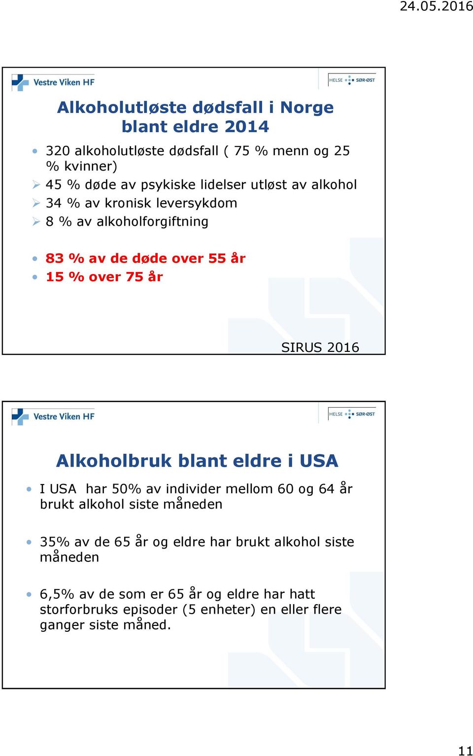 Alkoholbruk blant eldre i USA I USA har 50% av individer mellom 60 og 64 år brukt alkohol siste måneden 35% av de 65 år og eldre har