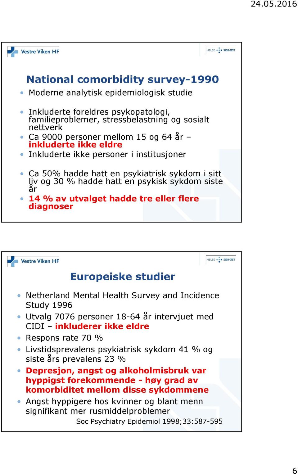 diagnoser Europeiske studier Netherland Mental Health Survey and Incidence Study 1996 Utvalg 7076 personer 18-64 år intervjuet med CIDI inkluderer ikke eldre Respons rate 70 % Livstidsprevalens