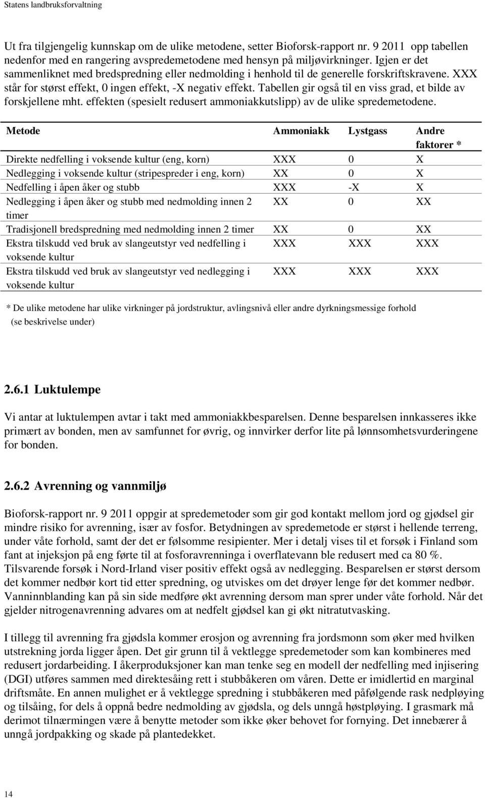 Tabellen gir også til en viss grad, et bilde av forskjellene mht. effekten (spesielt redusert ammoniakkutslipp) av de ulike spredemetodene.