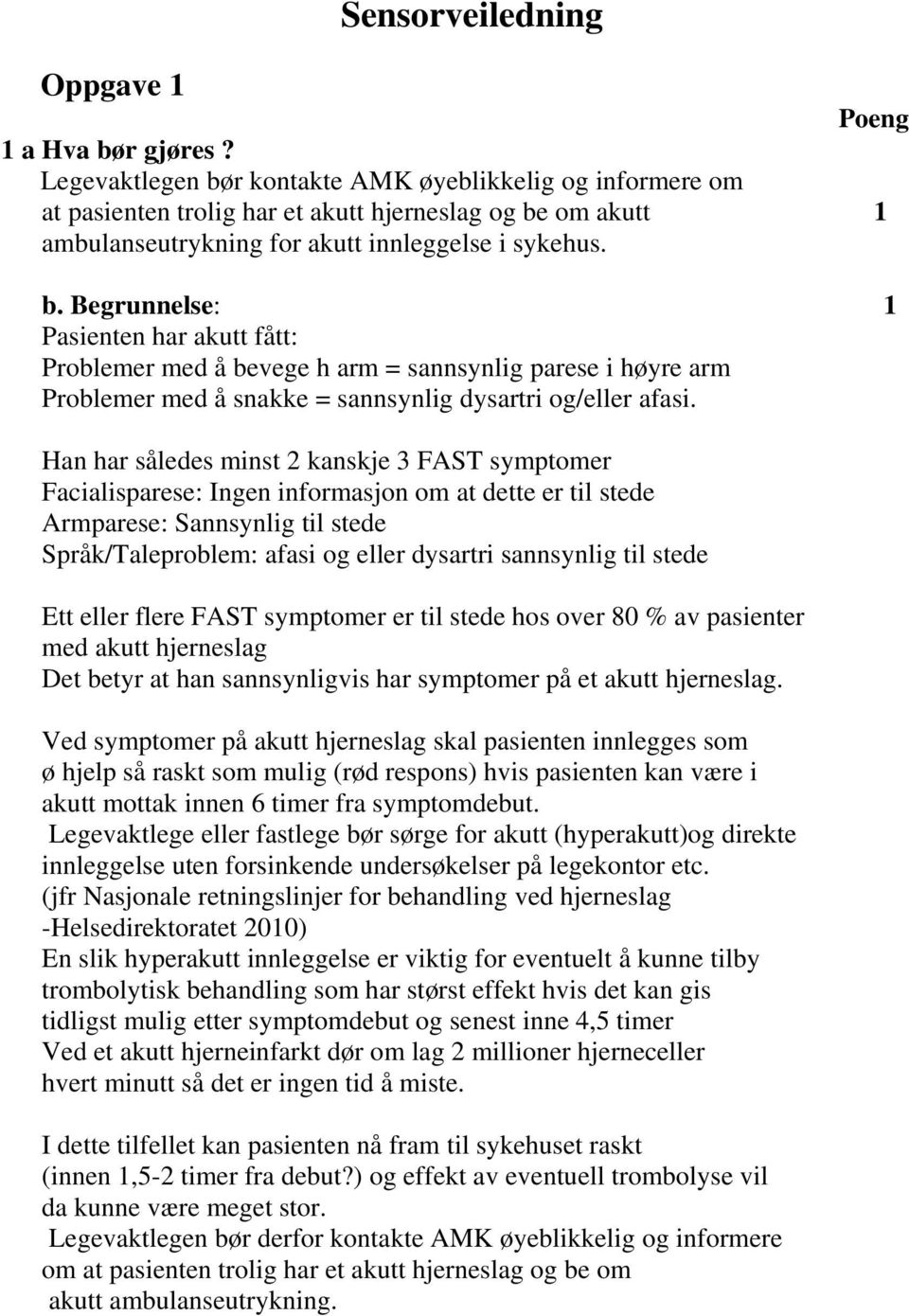 Han har således minst 2 kanskje 3 FAST symptomer Facialisparese: Ingen informasjon om at dette er til stede Armparese: Sannsynlig til stede Språk/Taleproblem: afasi og eller dysartri sannsynlig til