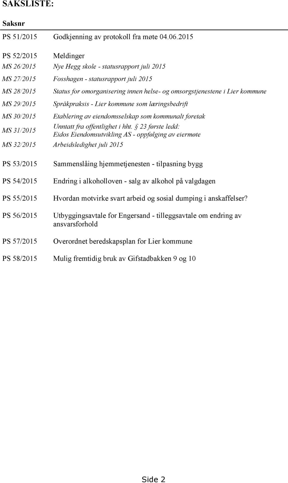 omsorgstjenestene i Lier kommune Språkpraksis - Lier kommune som læringsbedrift MS 30/2015 MS 31/2015 Etablering av eiendomsselskap som kommunalt foretak Unntatt fra offentlighet i hht.