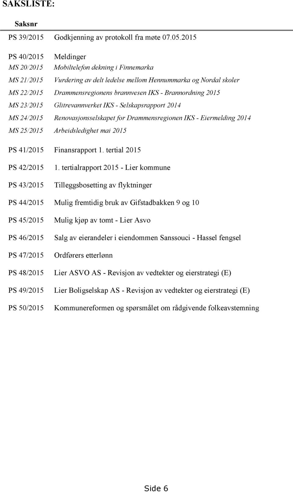 Brannordning 2015 MS 23/2015 Glitrevannverket IKS - Selskapsrapport 2014 MS 24/2015 Renovasjonsselskapet for Drammensregionen IKS - Eiermelding 2014 MS 25/2015 Arbeidsledighet mai 2015 PS 41/2015