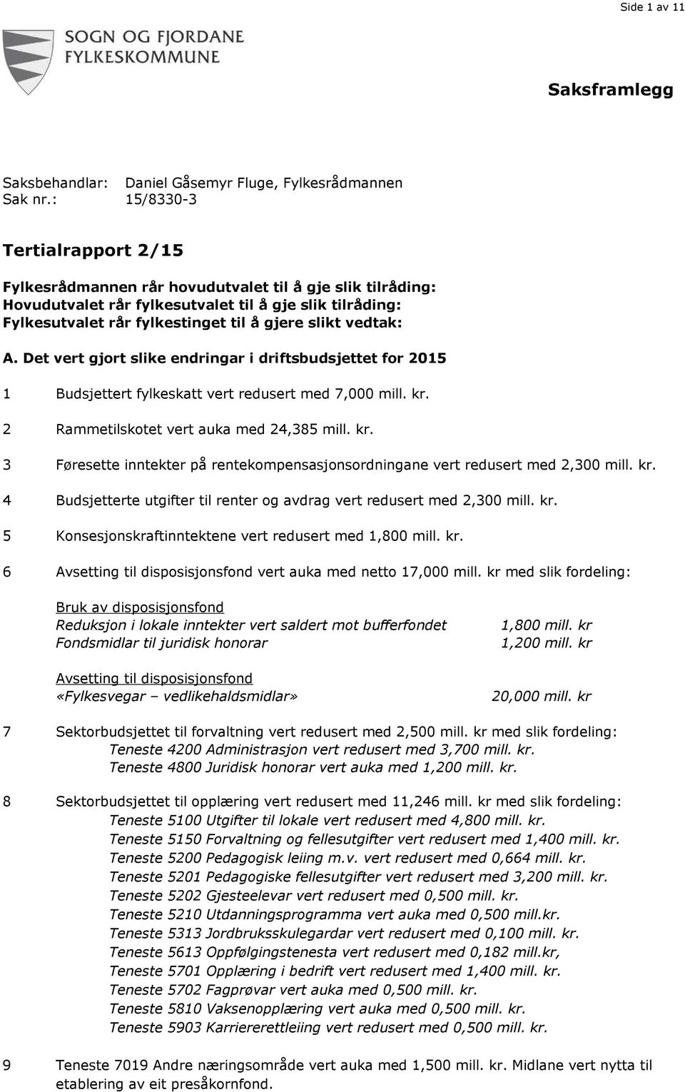 vedtak: A. Det vert gjort slike endringar i driftsbudsjettet for 2015 1 Budsjettert fylkeskatt vert redusert med 7,000 mill. kr.