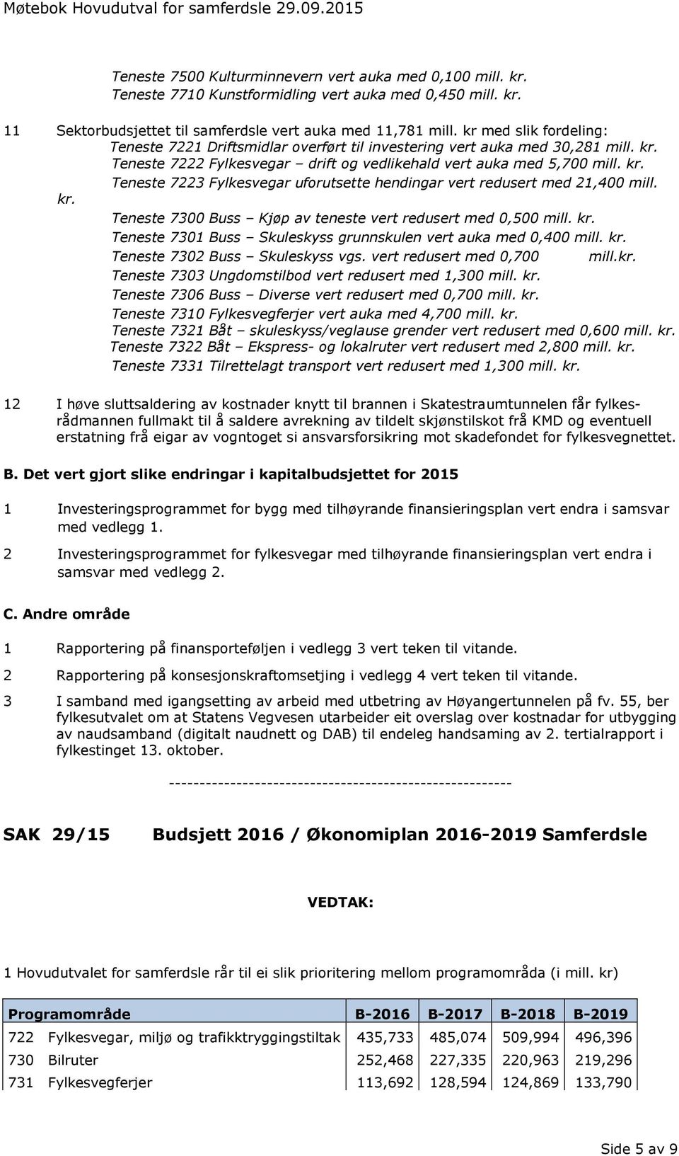 kr. Teneste 7300 Buss Kjøp av teneste vert redusert med 0,500 mill. kr. Teneste 7301 Buss Skuleskyss grunnskulen vert auka med 0,400 mill. kr. Teneste 7302 Buss Skuleskyss vgs.