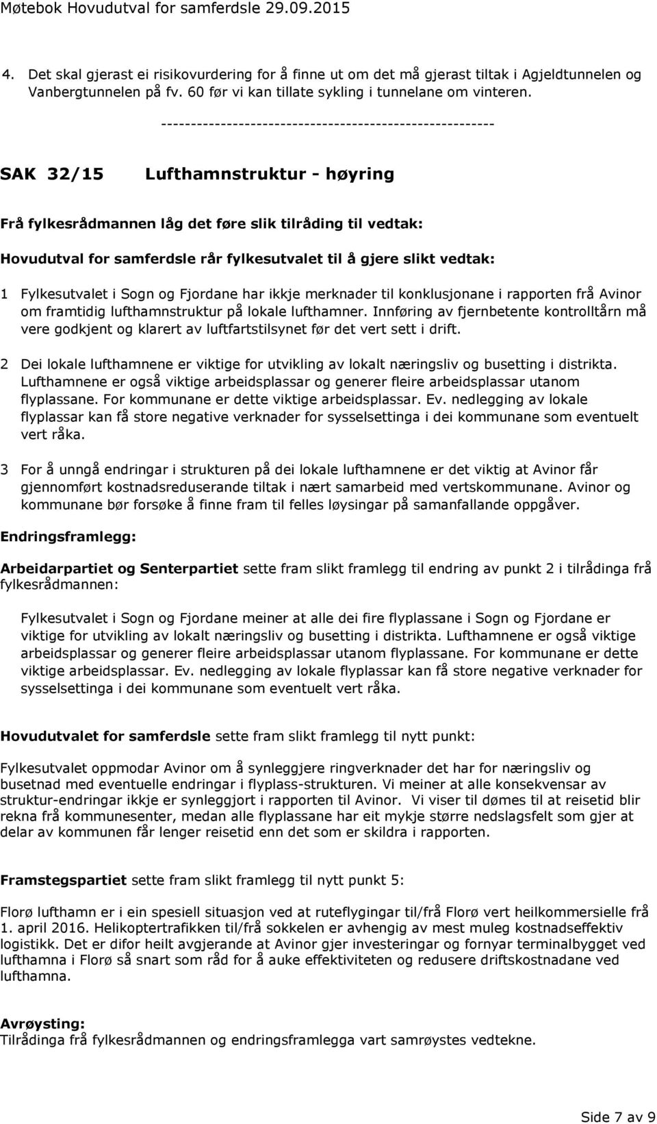 -------------------------------------------------------- SAK 32/15 Lufthamnstruktur - høyring Frå fylkesrådmannen låg det føre slik tilråding til vedtak: Hovudutval for samferdsle rår fylkesutvalet