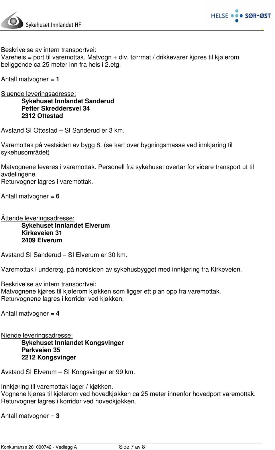 (se kart over bygningsmasse ved innkjøring til sykehusområdet) Matvognene leveres i varemottak. Personell fra sykehuset overtar for videre transport ut til avdelingene.