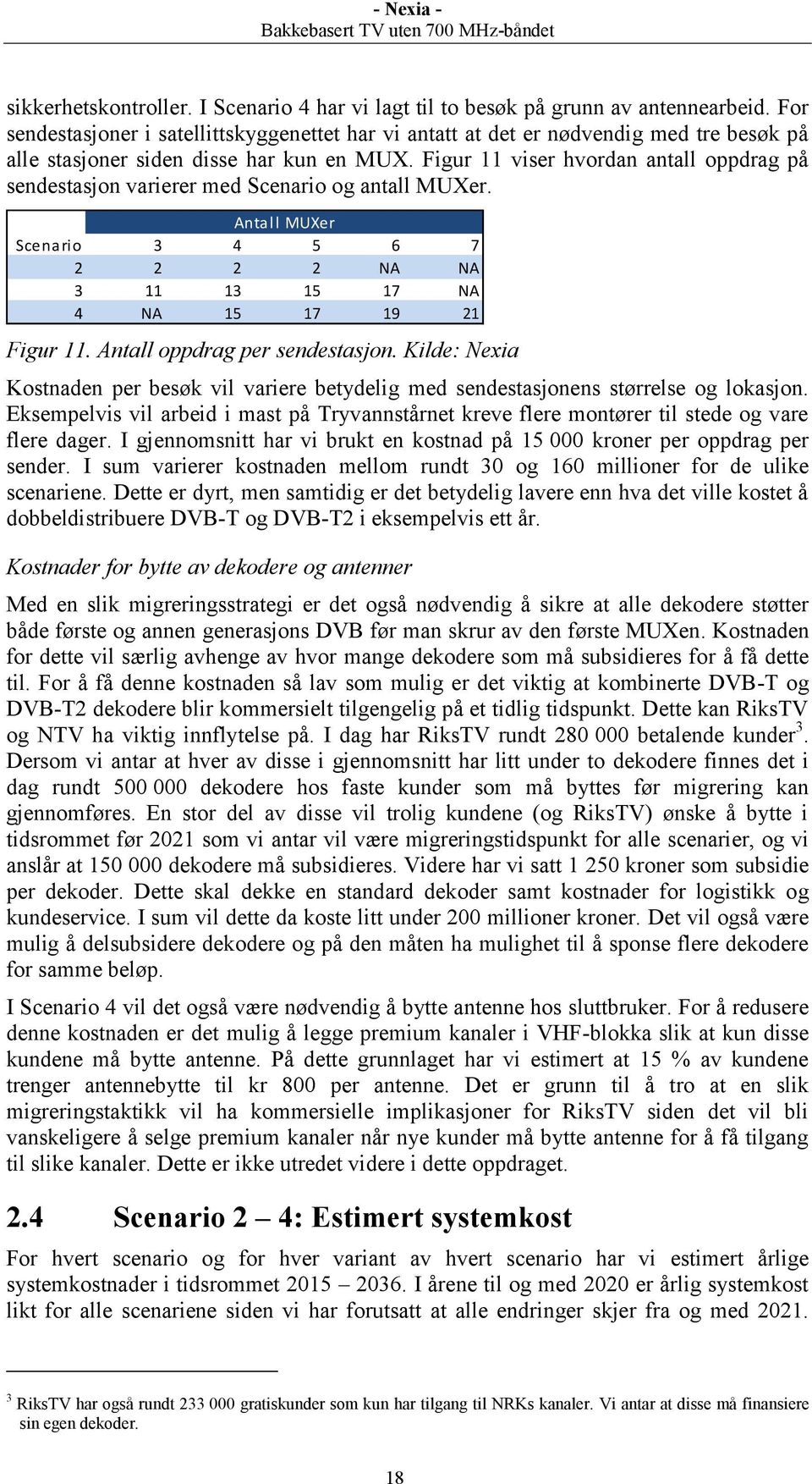 Figur 11 viser hvordan antall oppdrag på sendestasjon varierer med Scenario og antall MUXer. Antall MUXer Scenario 3 4 5 6 7 2 2 2 2 NA NA 3 11 13 15 17 NA 4 NA 15 17 19 21 Figur 11.