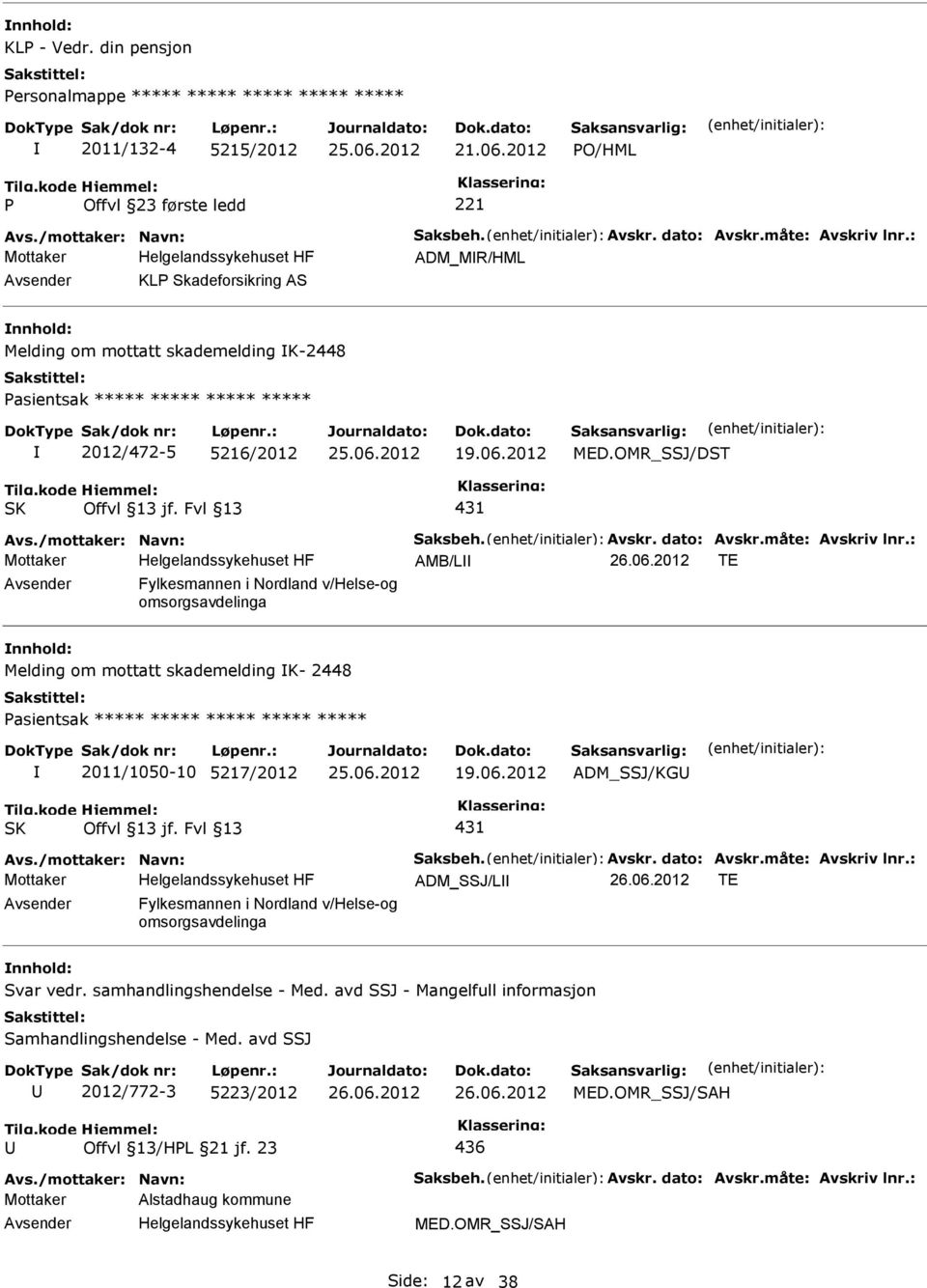 OMR_SSJ/DST AMB/L TE Fylkesmannen i Nordland v/helse-og omsorgsavdelinga Melding om mottatt skademelding K- 2448 asientsak ***** ***** ***** ***** ***** 2011/1050-10 5217/2012 19.06.