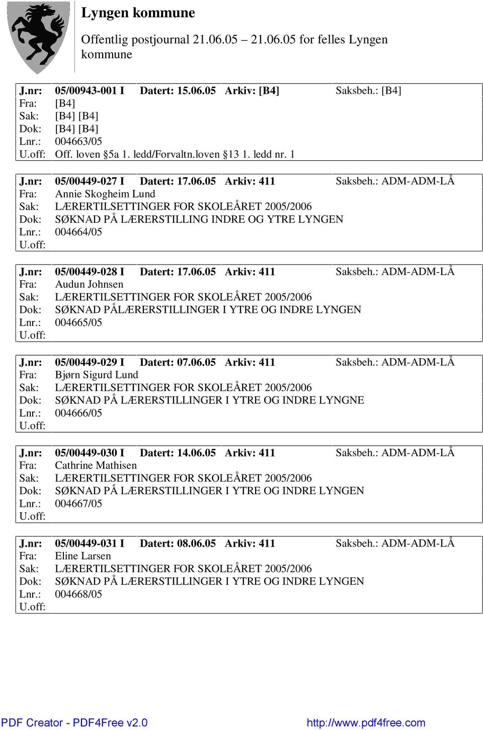 : 004665/05 J.nr: 05/00449-029 I Datert: 07.06.05 Arkiv: 411 Saksbeh.: ADM-ADM-LÅ Fra: Bjørn Sigurd Lund Dok: SØKNAD PÅ LÆRERSTILLINGER I YTRE OG INDRE LYNGNE Lnr.: 004666/05 J.