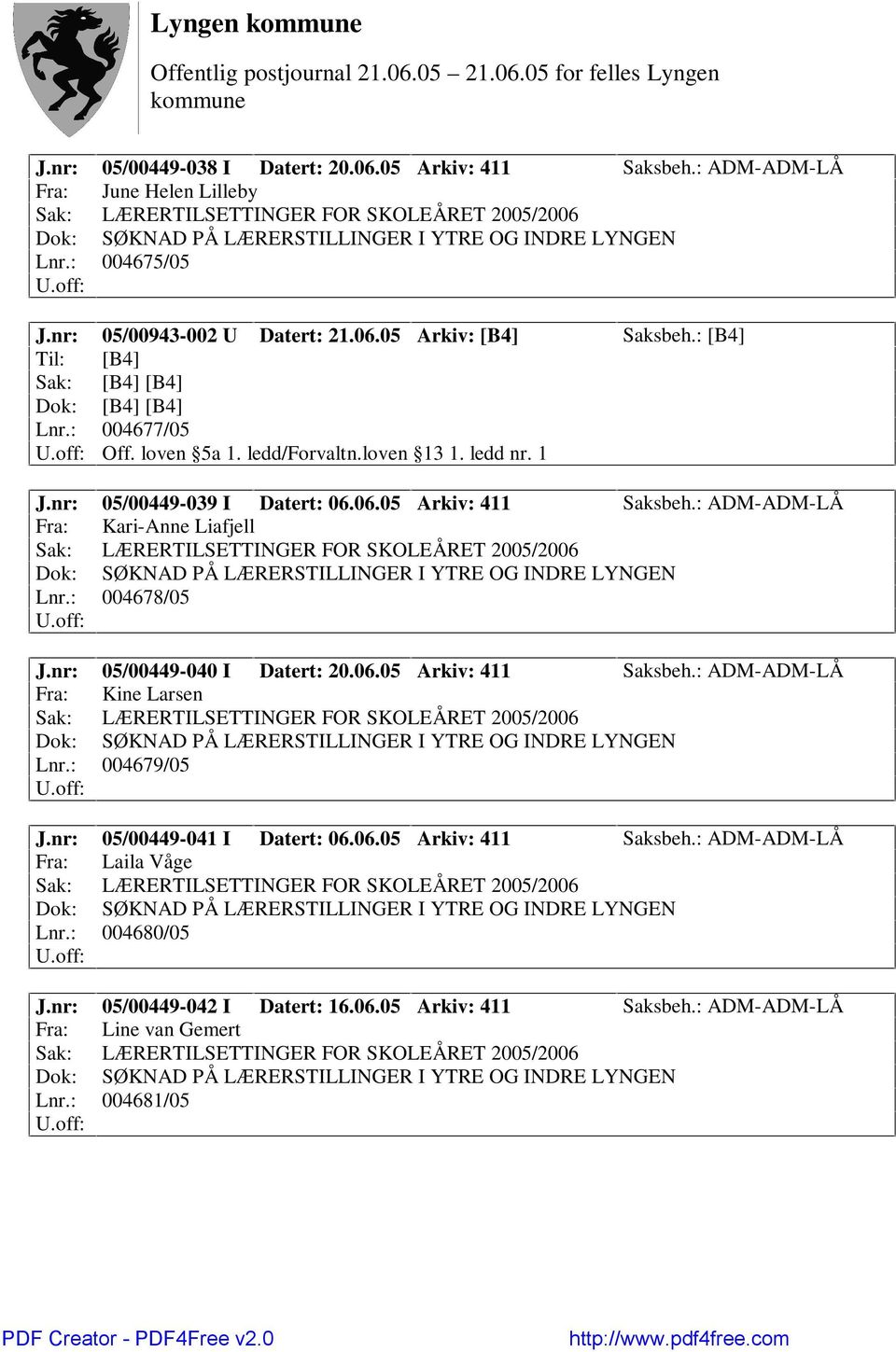 : ADM-ADM-LÅ Fra: Kari-Anne Liafjell Lnr.: 004678/05 J.nr: 05/00449-040 I Datert: 20.06.05 Arkiv: 411 Saksbeh.: ADM-ADM-LÅ Fra: Kine Larsen Lnr.: 004679/05 J.