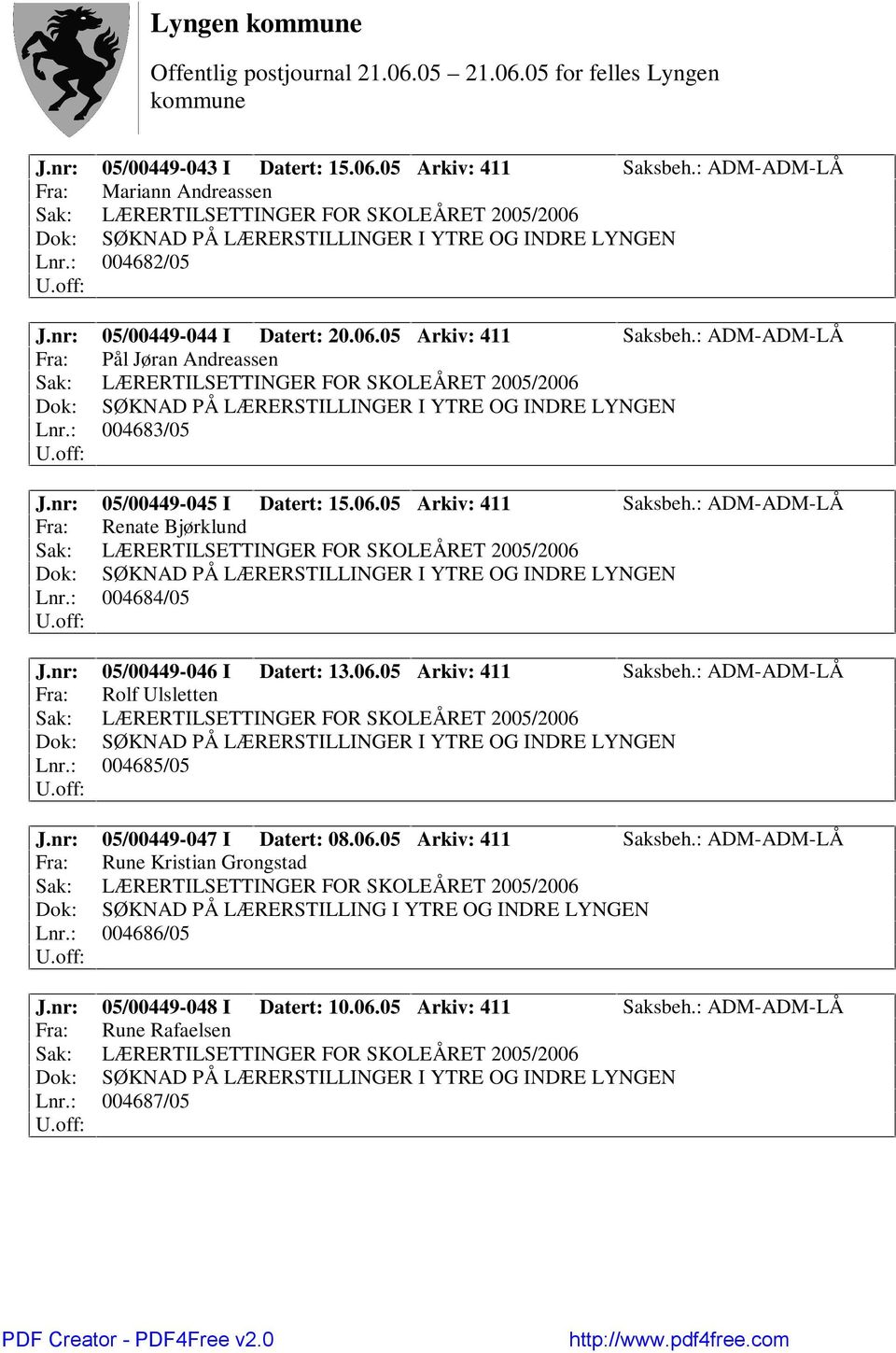 : 004685/05 J.nr: 05/00449-047 I Datert: 08.06.05 Arkiv: 411 Saksbeh.: ADM-ADM-LÅ Fra: Rune Kristian Grongstad Dok: SØKNAD PÅ LÆRERSTILLING I YTRE OG INDRE LYNGEN Lnr.