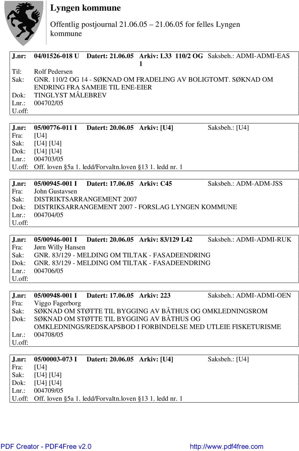 : 004703/05 Off. loven 5a 1. ledd/forvaltn.loven 13 1. ledd nr. 1 J.nr: 05/00945-001 I Datert: 17.06.05 Arkiv: C45 Saksbeh.