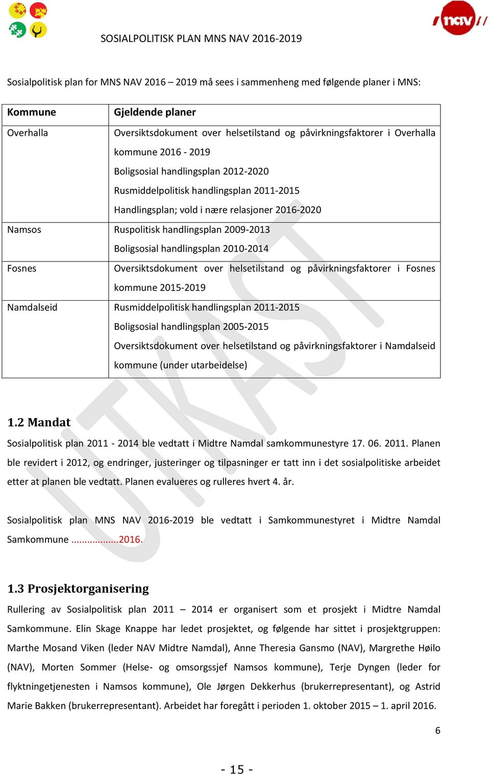 handlingsplan 2009-2013 Boligsosial handlingsplan 2010-2014 Fosnes Oversiktsdokument over helsetilstand og påvirkningsfaktorer i Fosnes kommune 2015-2019 Namdalseid Rusmiddelpolitisk handlingsplan