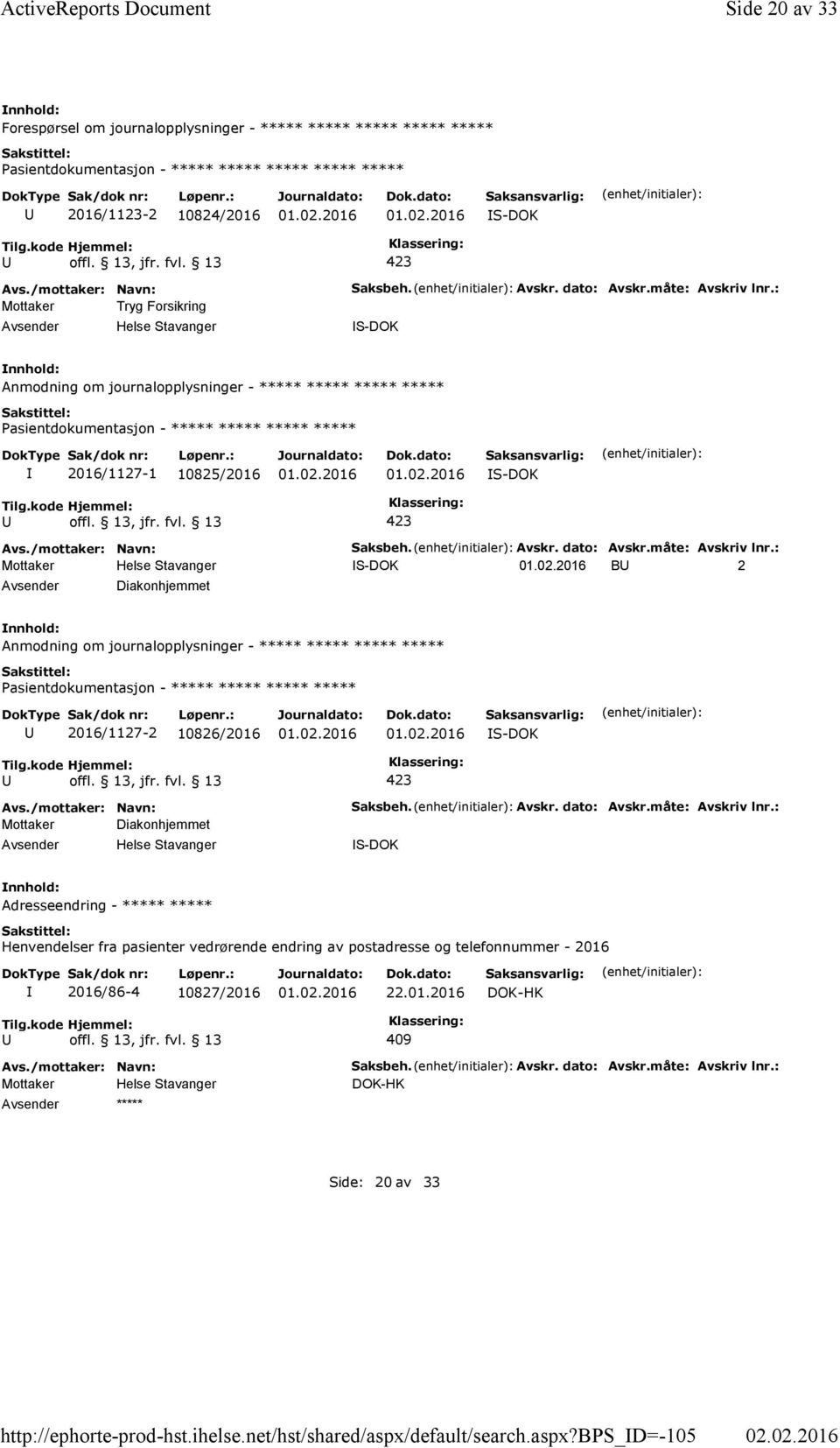 Avskr. dato: Avskr.måte: Avskriv lnr.: S-DOK Anmodning om journalopplysninger - ***** ***** ***** ***** 2016/1127-1 10825/2016 S-DOK Saksbeh. Avskr. dato: Avskr.måte: Avskriv lnr.: S-DOK B 2 Diakonhjemmet Anmodning om journalopplysninger - ***** ***** ***** ***** 2016/1127-2 10826/2016 S-DOK Mottaker Diakonhjemmet Helse Stavanger Saksbeh.