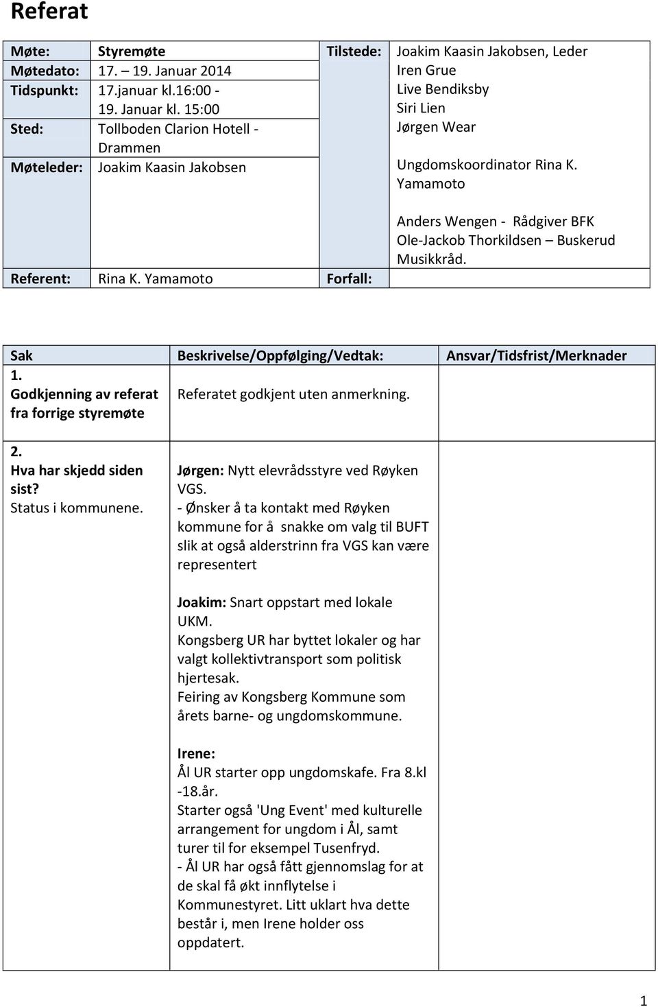 Yamamoto Referent: Rina K. Yamamoto Forfall: Anders Wengen - Rådgiver BFK Ole-Jackob Thorkildsen Buskerud Musikkråd. Sak Beskrivelse/Oppfølging/Vedtak: Ansvar/Tidsfrist/Merknader 1.