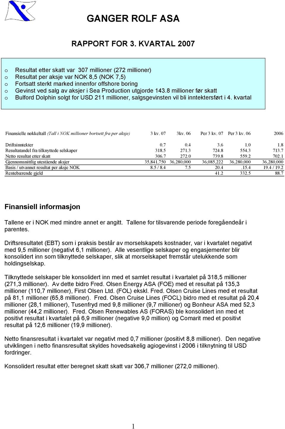 Production utgjorde 143.8 millioner før skatt o Bulford Dolphin solgt for USD 211 millioner, salgsgevinsten vil bli inntektersført i 4.