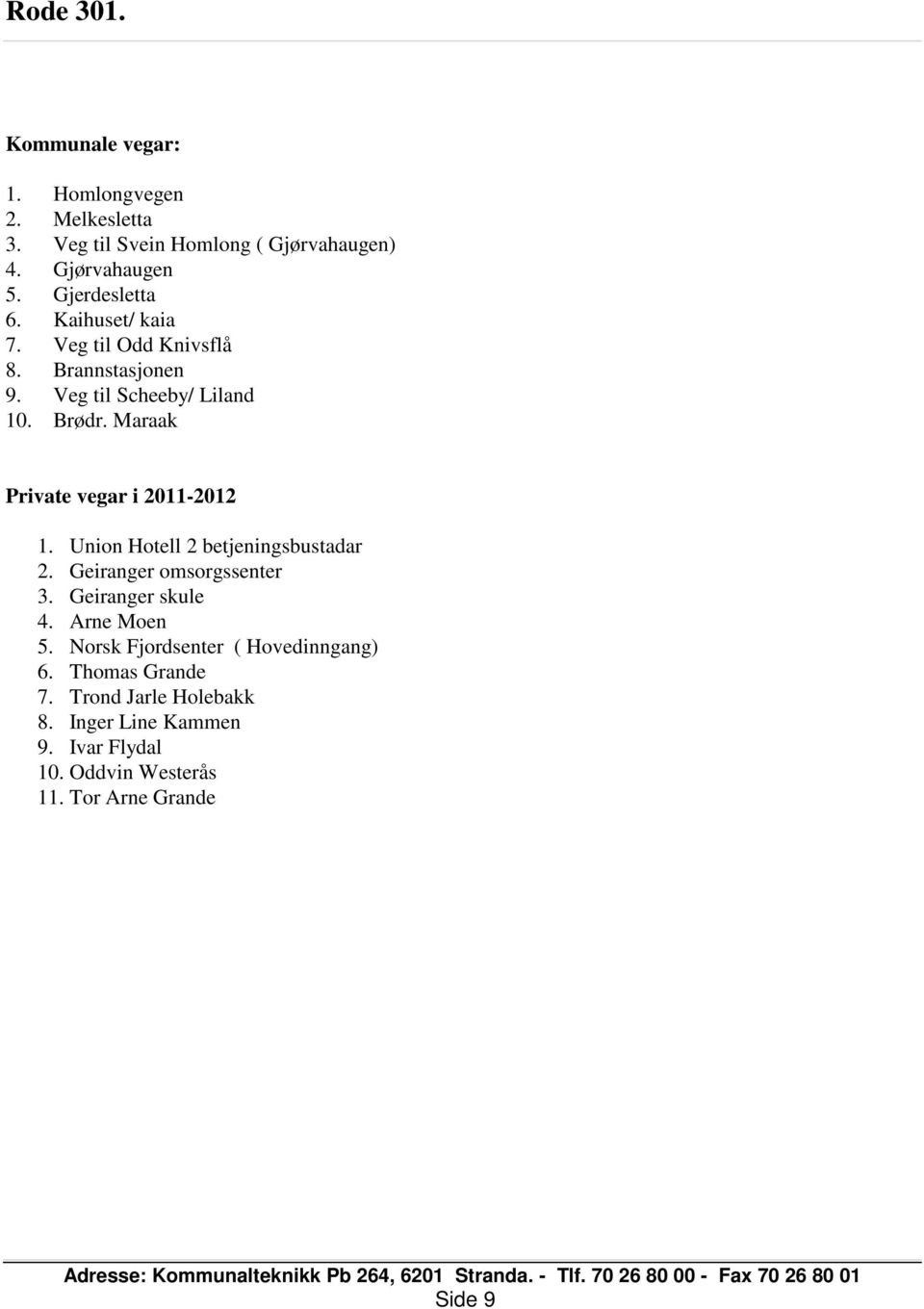 Maraak Private vegar i 2011-2012 1. Union Hotell 2 betjeningsbustadar 2. Geiranger omsorgssenter 3. Geiranger skule 4.