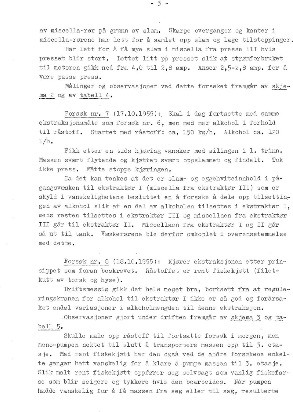 for å være passe press. Måinger og obfjervas j aner ved dette forsøket fremgår av _skjema 2 og av -~~-~ 4. Fors~k E'~ (17.10.1955) ~. Ska i dag fort~sette med samme ekstraksjonsmåte som forsøk nr.