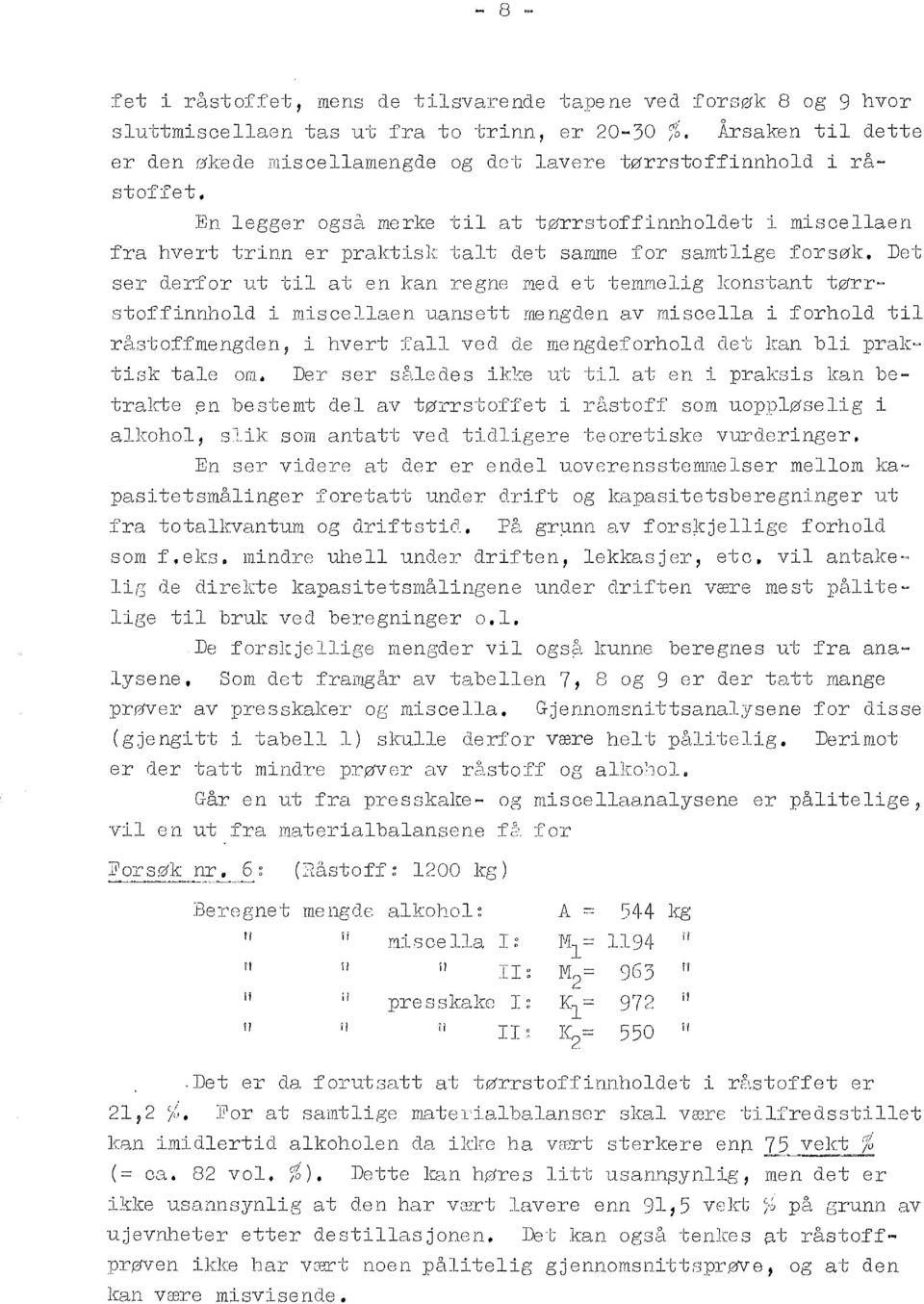 forsøk. Det ser derfor ut ti at en kan regne med et temmeig konstant tørrstoffinnhod i misoeaen uansett mengden av misoea i forhod ti råstoffmengden, i hvert fa ved de mengdeforhod det kan bi prakti.