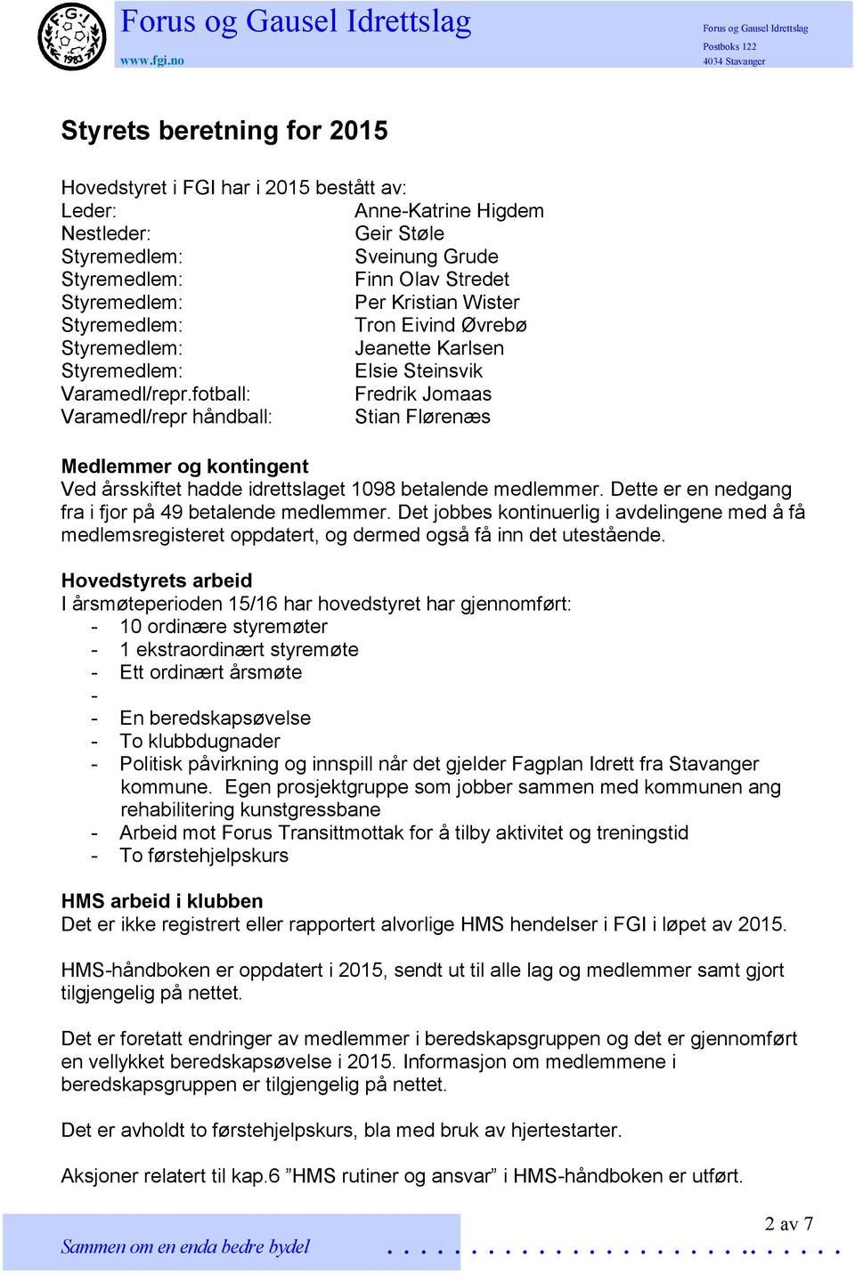 Dette er en nedgang fra i fjor på 49 betalende medlemmer. Det jobbes kontinuerlig i avdelingene med å få medlemsregisteret oppdatert, og dermed også få inn det utestående.