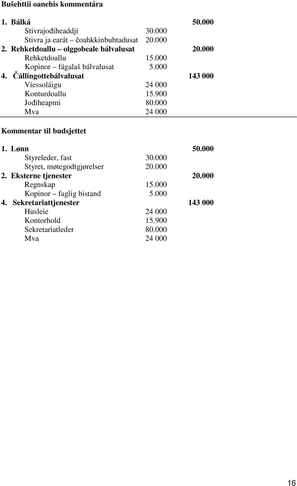 állingottebálvalusat 143 000 Viessoláigu 24 000 Konturdoallu 15.900 Joiheapmi 80.000 Mva 24 000 Kommentar til budsjettet 1. Lønn 50.