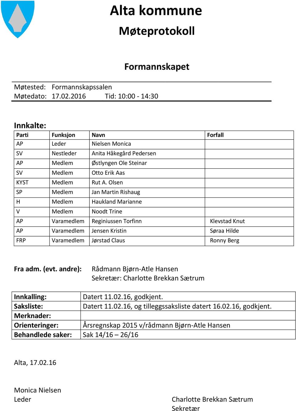 Olsen SP Medlem Jan Martin Rishaug H Medlem Haukland Marianne V Medlem Noodt Trine AP Varamedlem Reginiussen Torfinn Klevstad Knut AP Varamedlem Jensen Kristin Søraa Hilde FRP Varamedlem Jørstad