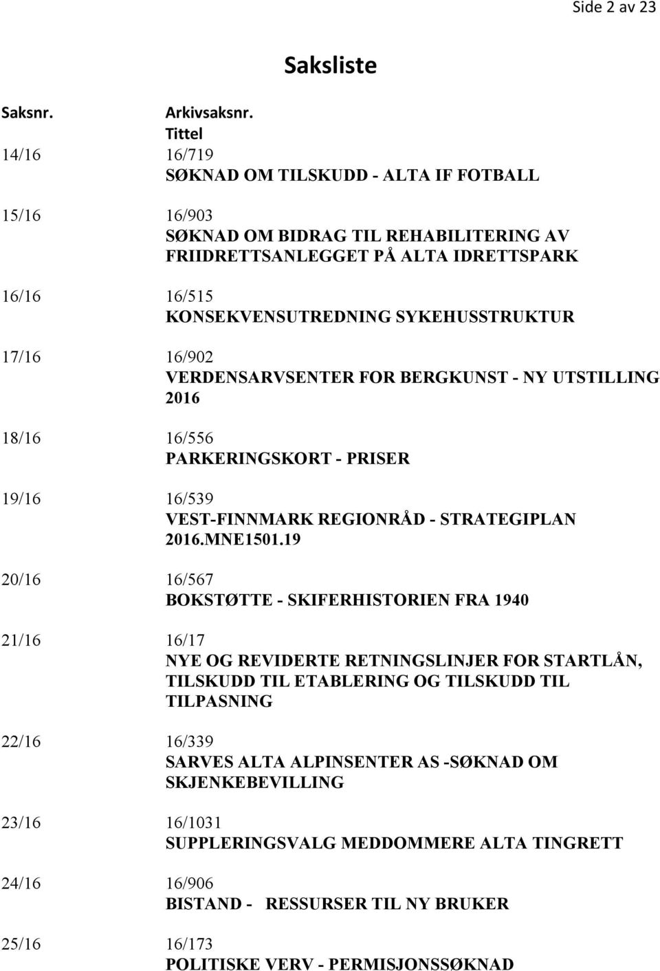 17/16 16/902 VERDENSARVSENTER FOR BERGKUNST - NY UTSTILLING 2016 18/16 16/556 PARKERINGSKORT - PRISER 19/16 16/539 VEST-FINNMARK REGIONRÅD - STRATEGIPLAN 2016.MNE1501.