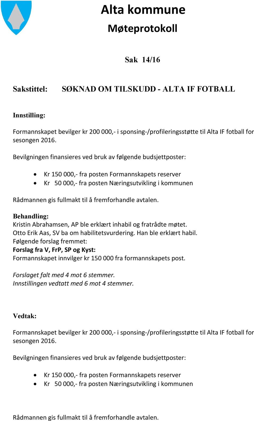 fremforhandle avtalen. Kristin Abrahamsen, AP ble erklært inhabil og fratrådte møtet. Otto Erik Aas, SV ba om habilitetsvurdering. Han ble erklært habil.