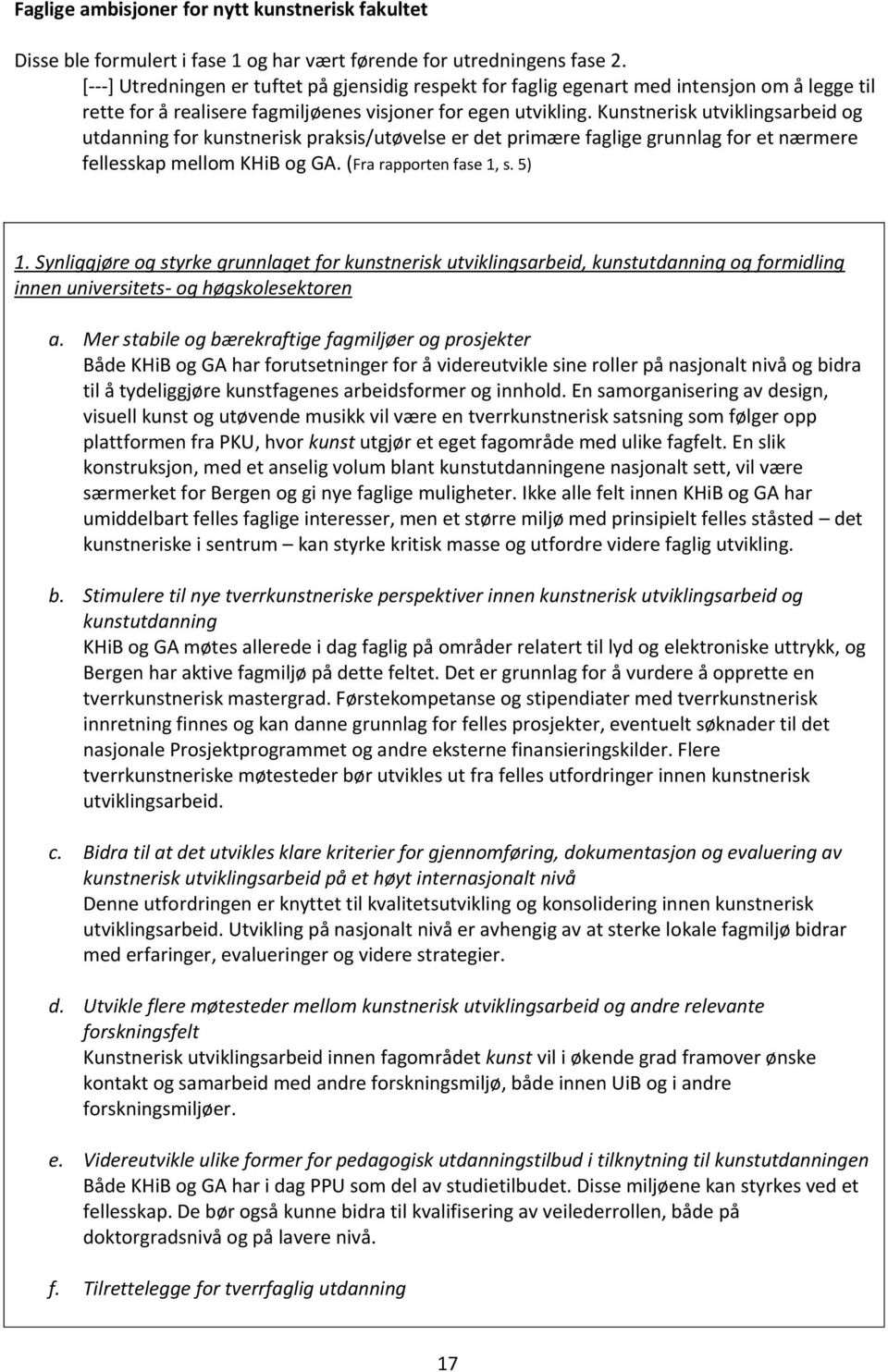 Kunstnerisk utviklingsarbeid og utdanning for kunstnerisk praksis/utøvelse er det primære faglige grunnlag for et nærmere fellesskap mellom KHiB og GA. (Fra rapporten fase 1, s. 5) 1.