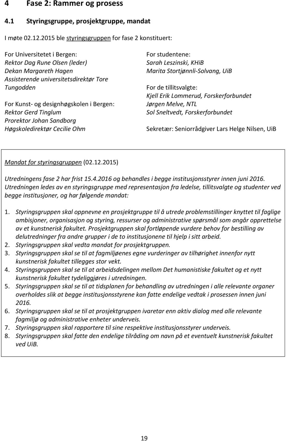 designhøgskolen i Bergen: Rektor Gerd Tinglum Prorektor Johan Sandborg Høgskoledirektør Cecilie Ohm For studentene: Sarah Leszinski, KHiB Marita Stortjønnli-Solvang, UiB For de tillitsvalgte: Kjell