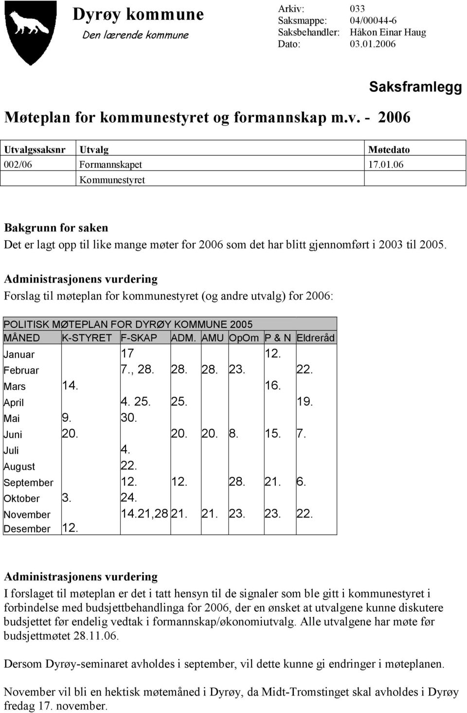 06 Kommunestyret Bakgrunn for saken Det er lagt opp til like mange møter for 2006 som det har blitt gjennomført i 2003 til 2005.