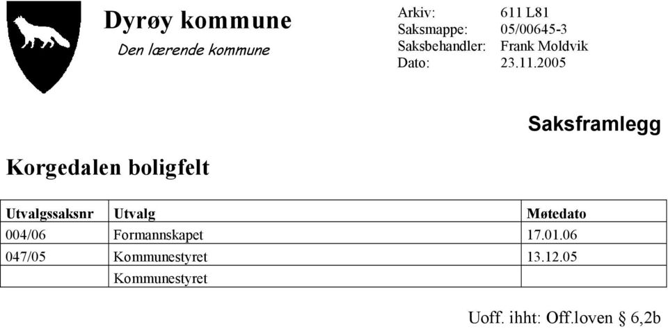 2005 Korgedalen boligfelt 004/06 Formannskapet 17.