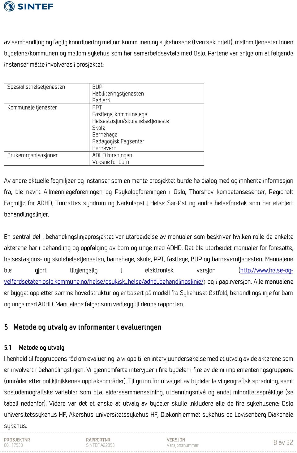 kommunelege Helsestasjon/skolehelsetjeneste Skole Barnehage Pedagogisk Fagsenter Barnevern ADHD foreningen Voksne for barn Av andre aktuelle fagmiljøer og instanser som en mente prosjektet burde ha