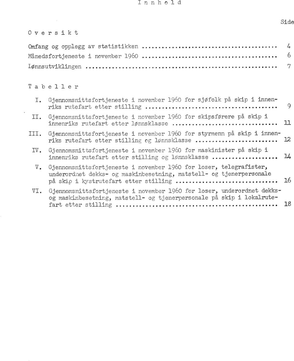 Gjennomsnittsfortjeneste i november 1960 for sk ipsforere på ip sk i innenriks rutefart etter lonnsklasse................... 11 III.