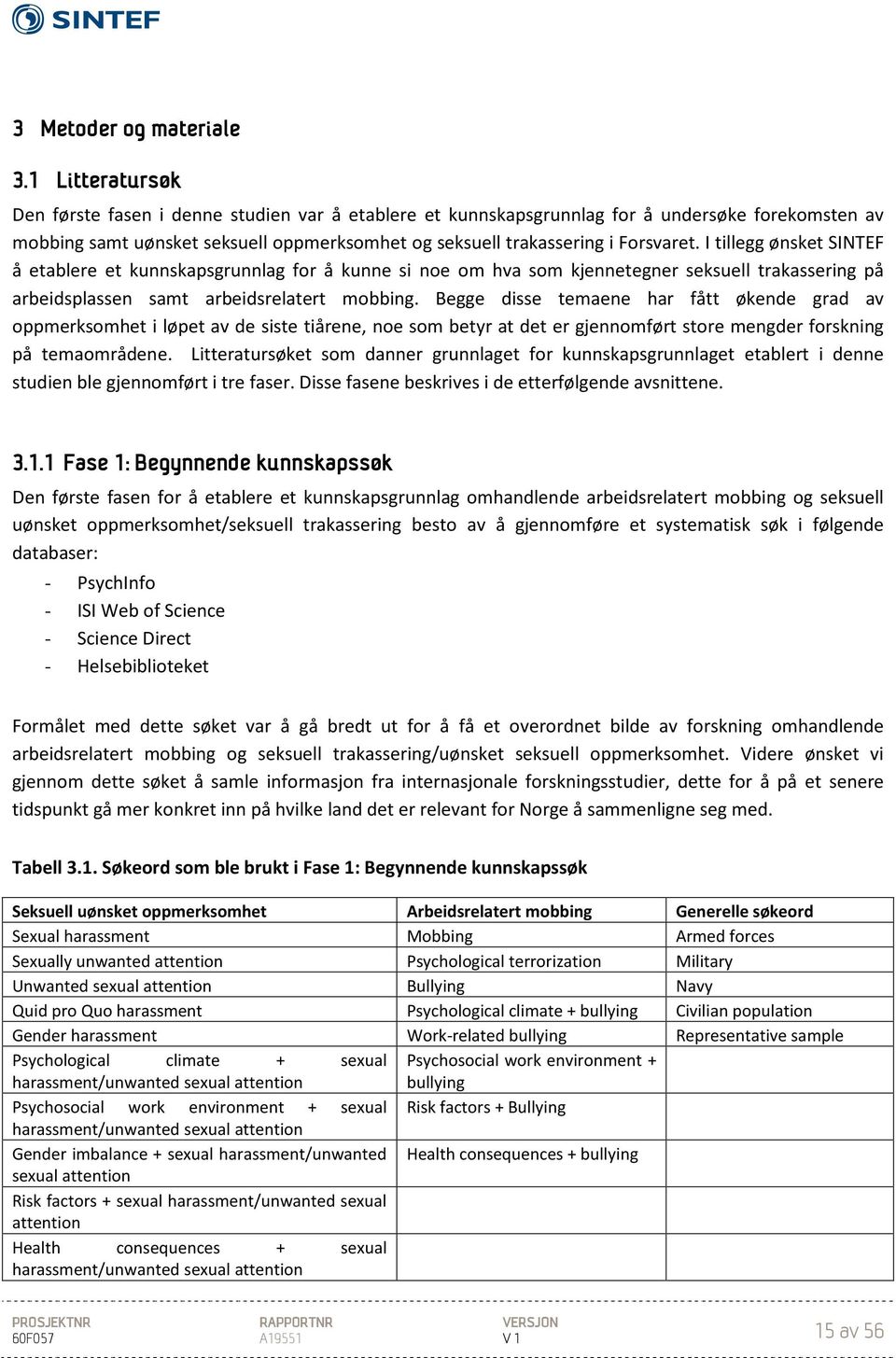 I tillegg ønsket SINTEF å etablere et kunnskapsgrunnlag for å kunne si noe om hva som kjennetegner seksuell trakassering på arbeidsplassen samt arbeidsrelatert mobbing.