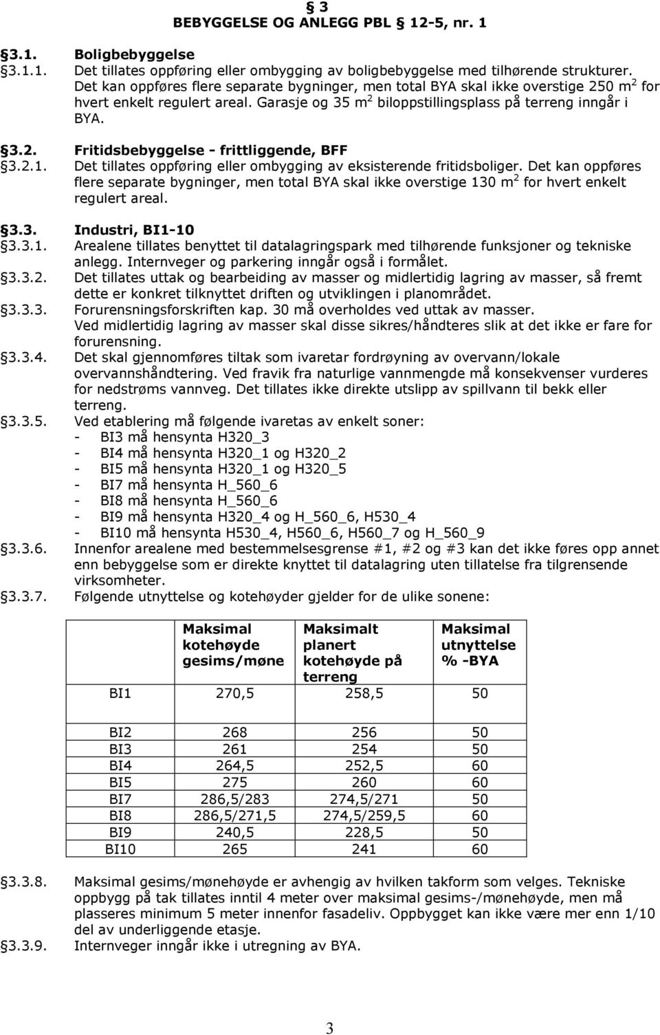 2.1. Det tillates oppføring eller ombygging av eksisterende fritidsboliger. Det kan oppføres flere separate bygninger, men total BYA skal ikke overstige 130 m 2 for hvert enkelt regulert areal. 3.3. Industri, BI1-10 3.