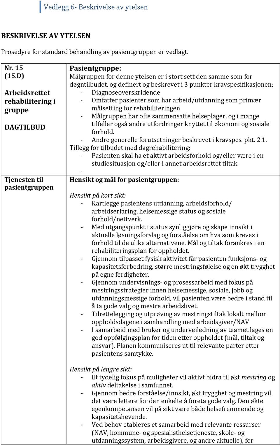 3 punkter kravspesifikasjonen; - Diagnoseoverskridende - Omfatter pasienter som har arbeid/utdanning som primær målsetting for rehabiliteringen - Målgruppen har ofte sammensatte helseplager, og i