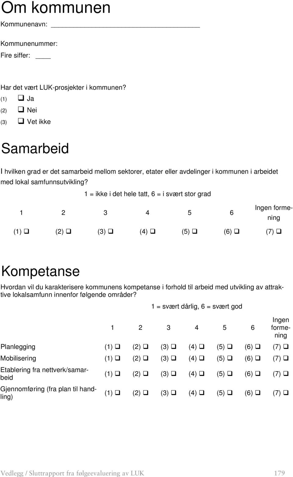 1 = ikke i det hele tatt, 6 = i svært stor grad 1 2 3 4 5 6 Ingen formening (1) (2) (3) (4) (5) (6) (7) Kompetanse Hvordan vil du karakterisere kommunens kompetanse i forhold til arbeid med utvikling