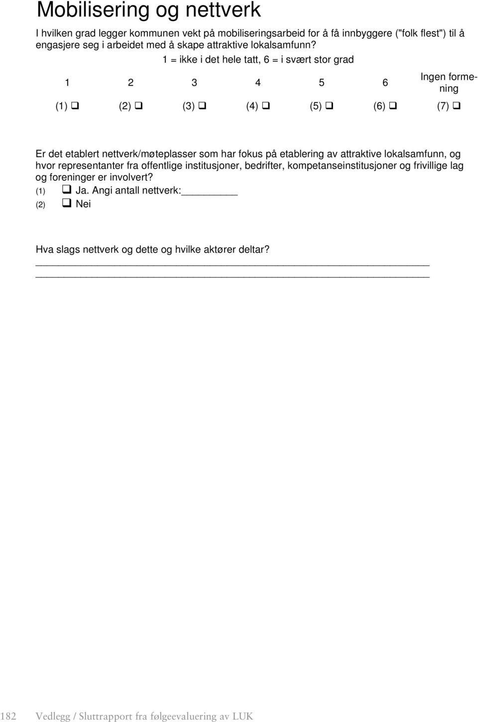 1 = ikke i det hele tatt, 6 = i svært stor grad 1 2 3 4 5 6 Ingen formening (1) (2) (3) (4) (5) (6) (7) Er det etablert nettverk/møteplasser som har fokus på